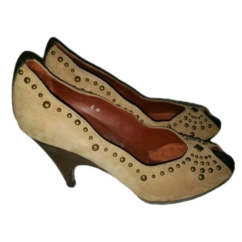 Donald J Pliner Couture Zest‎ Size 8 Tan Peep Toe Leather Heels Brass Studs